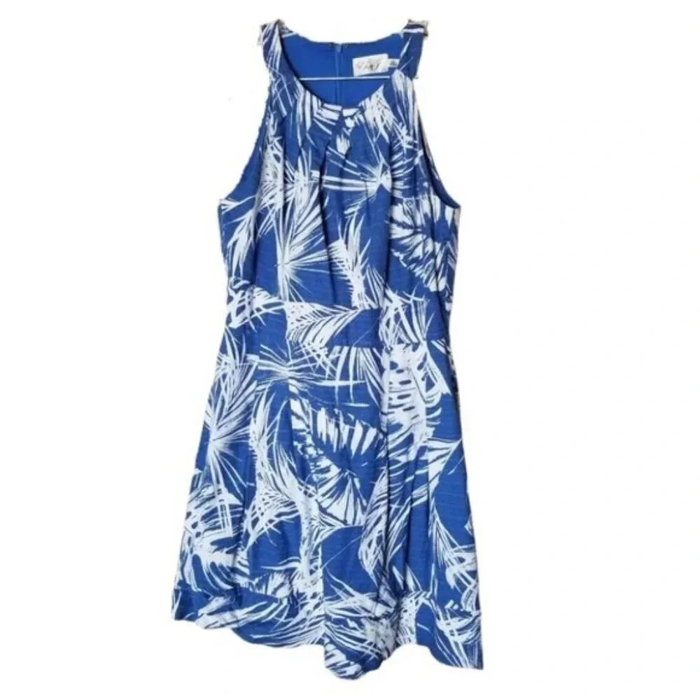 Eliza J Blue White Leaf Botanical Fit and Flare Dress 10